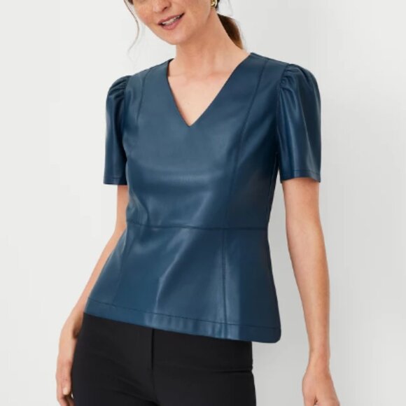 Faux Leather Peplum Top in Ominous Teal - Picture 1 of 5